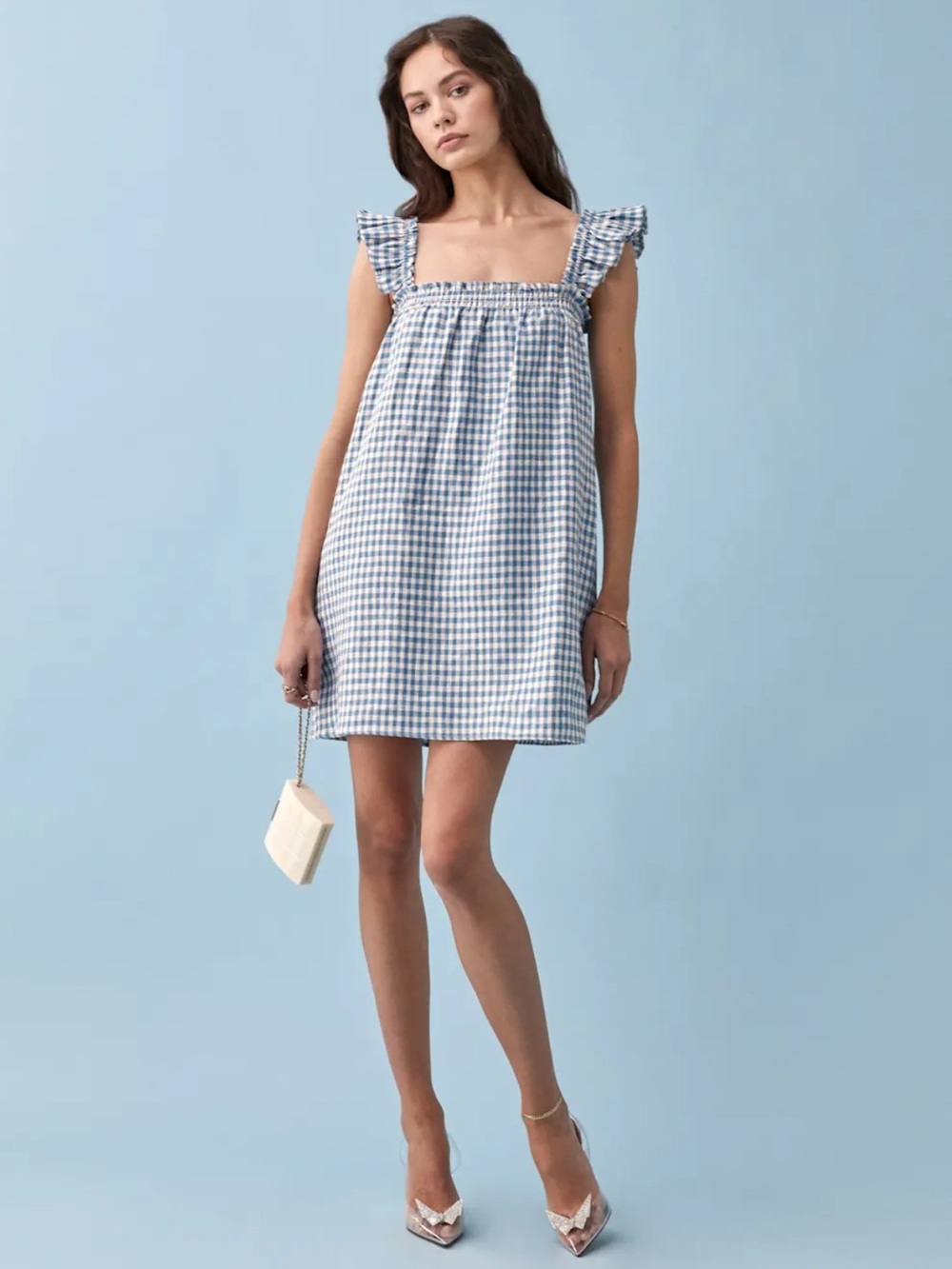 Reformation Albany Linen Dress in Blue Gingham